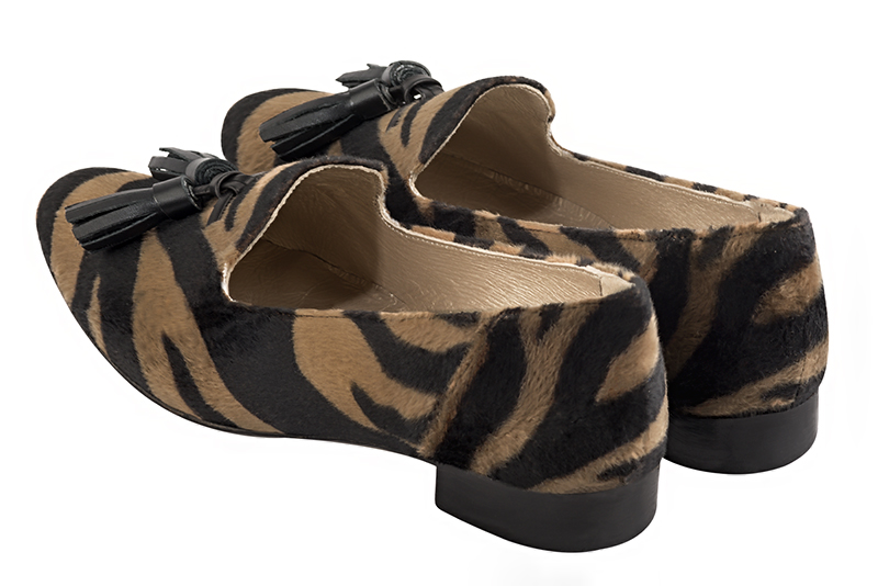 Safari black women's loafers with pompons. Round toe. Flat leather soles. Rear view - Florence KOOIJMAN